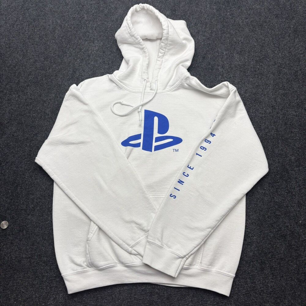 Official PlayStation Hoodie Mens Medium White Blue Japanese Kanji Since 1994